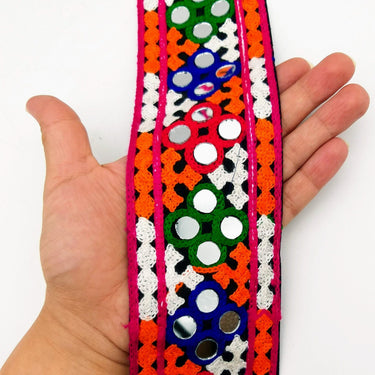 Black Cotton Fabric Trim with Multicolor Embroidery and Real Mirror, Kutch Embroidery Trim, Mirror Lace